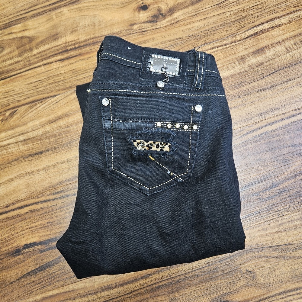 LA Idol Jeans Womens 9 Black Bootcut Stretch Flap‎ Pocket Rhinestone W31 L31.5
